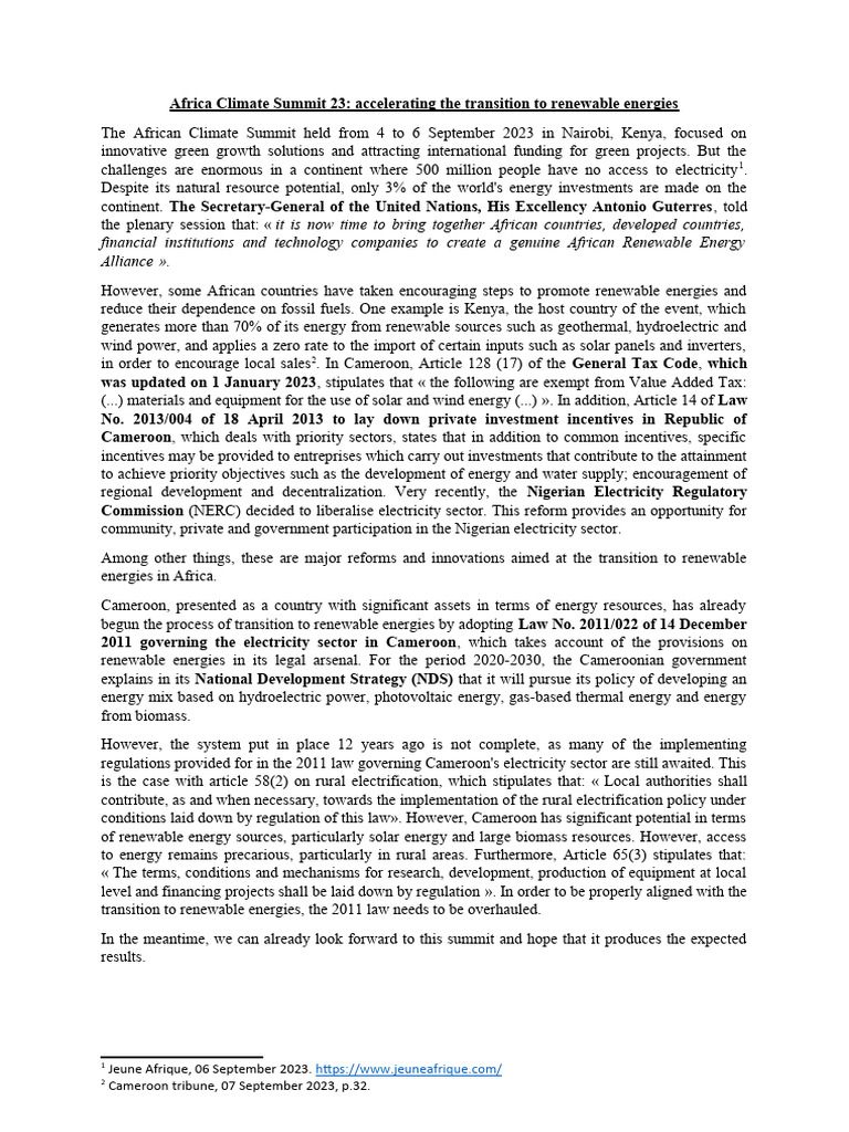 Africa Climate Summit 23 Accelerating The Transition To Renewable Energies PDF Renewable