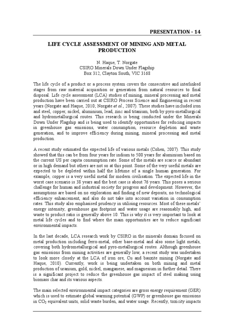 Life Cycle Assessment of Metal Production | PDF | Life Cycle Assessment ...