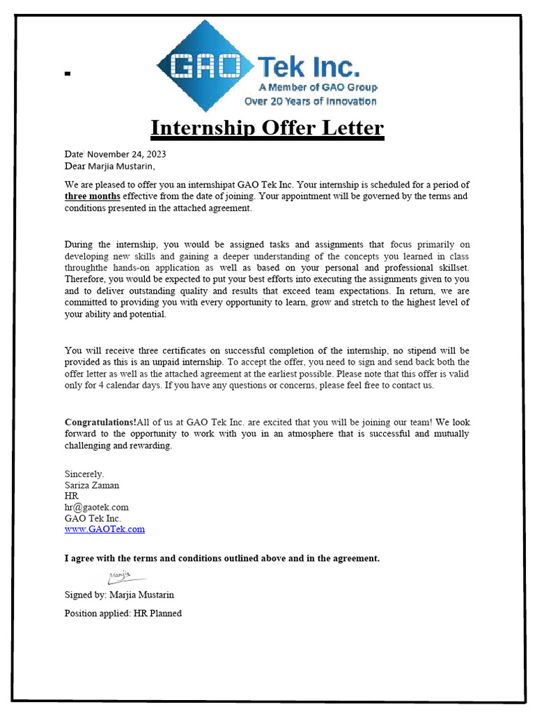 INTERN OFFER LETTER - Gaotek | PDF