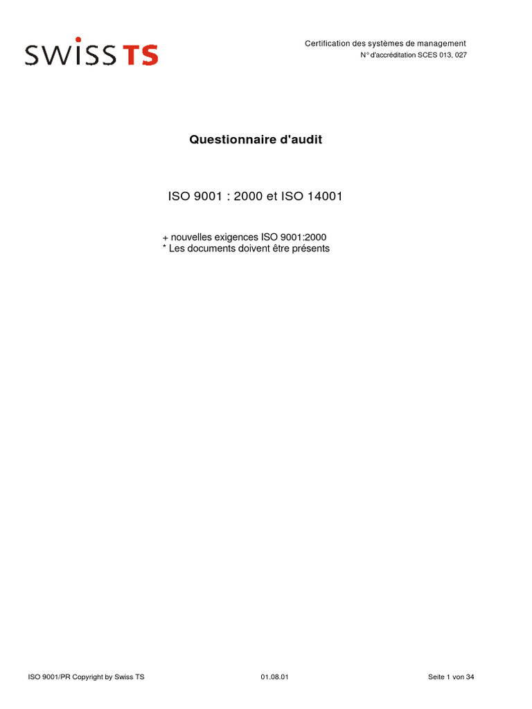 Questionnaire Audit ISO9001 - 14001 Exemple | PDF