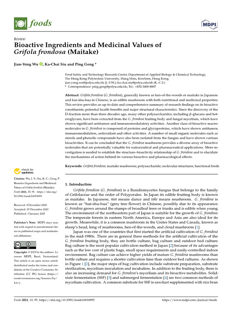 Bioactive Ingredients and Medicinal Values of Grifola frondosa (Maitake
