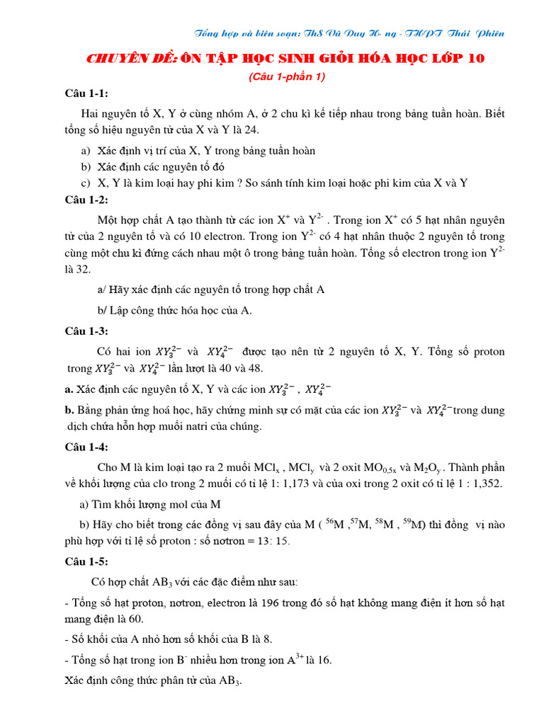 Chuyeân Ñeà:: Oân Taäp Hoïc Sinh Gioûi Hoùa Hoïc Lôùp 10 | PDF