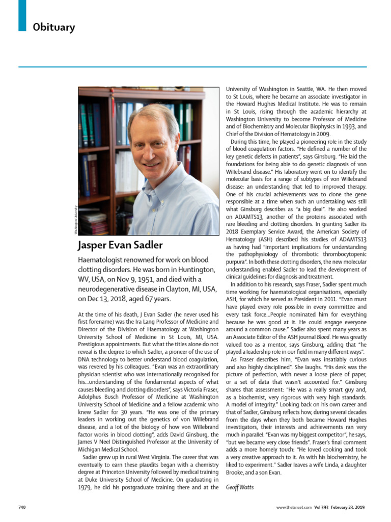 Jasper Evan Sadler Lancet PDF Hematology Coagulation