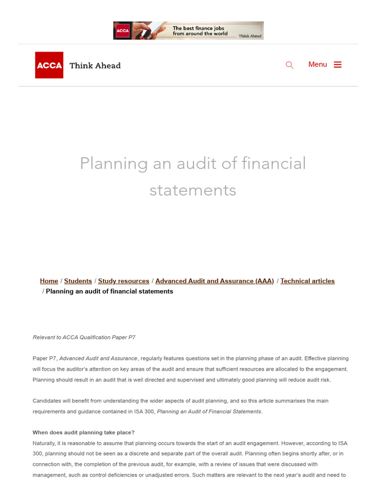 Planning An Audit of Financial Statements | PDF