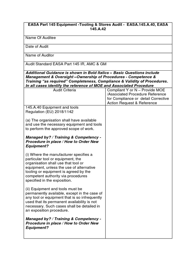 EASA Part 145 Equipment Tooling Stores Audit EASA.145.A.40 EASA.145.A