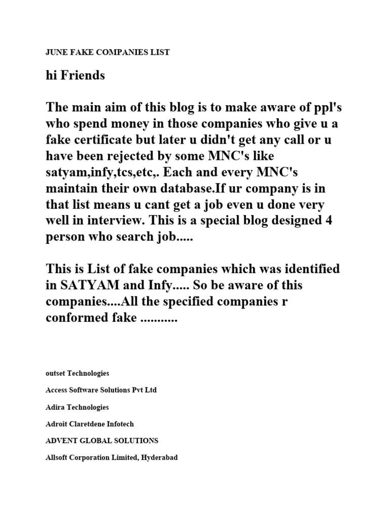 Hyderabad Fake Companies List 2024 | PDF | Bangalore | Information ...