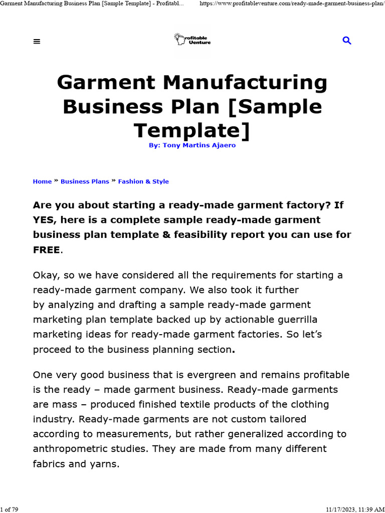 Garment Manufacturing Business Plan (Sample Template