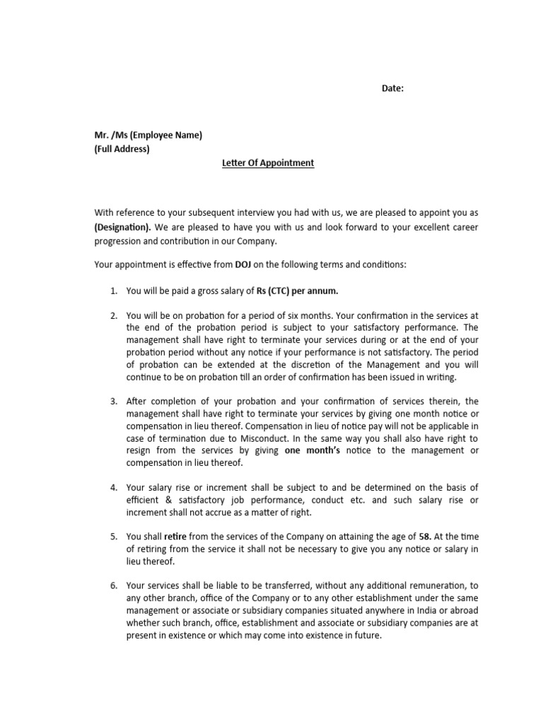 Appointment Letter Terms and Conditions | PDF | Business