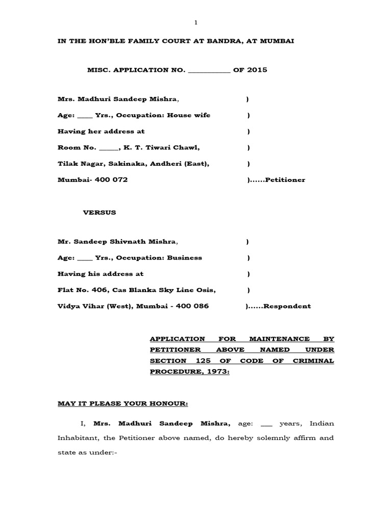Application For Maintenance Under Section 125 of Cr. P. C., 1973 | PDF ...