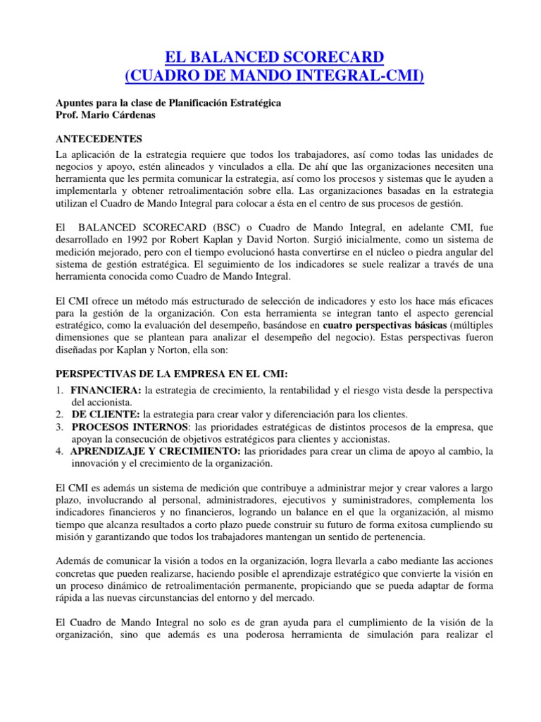 Ejemplo de Balanced Scorecard en CMI | PDF | Cognición | Negocios (general)