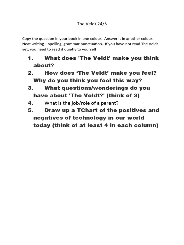 The Veldt Initial Questions PDF