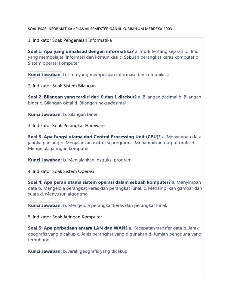 Soal PSAS Informatika Kelas VII | PDF