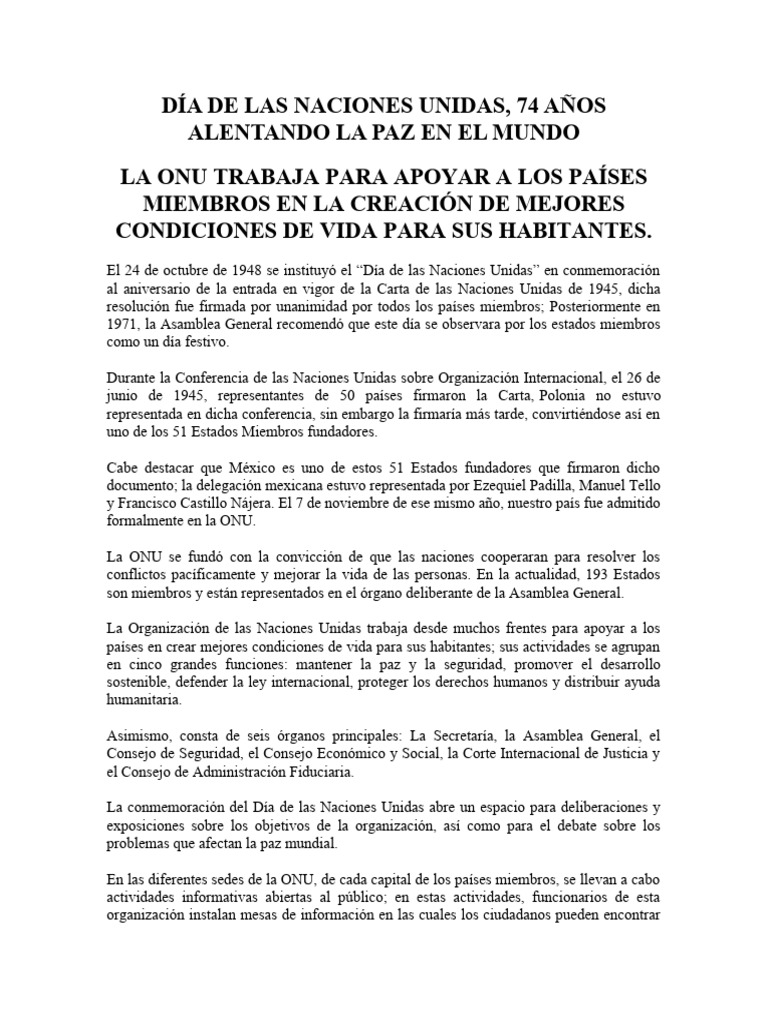 Día de las Naciones Unidas: 74 Años de Paz | PDF | Naciones Unidas ...