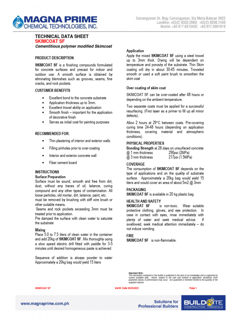 BUILDRITE SKIMCOAT_TDS | PDF | Concrete | Physical Sciences