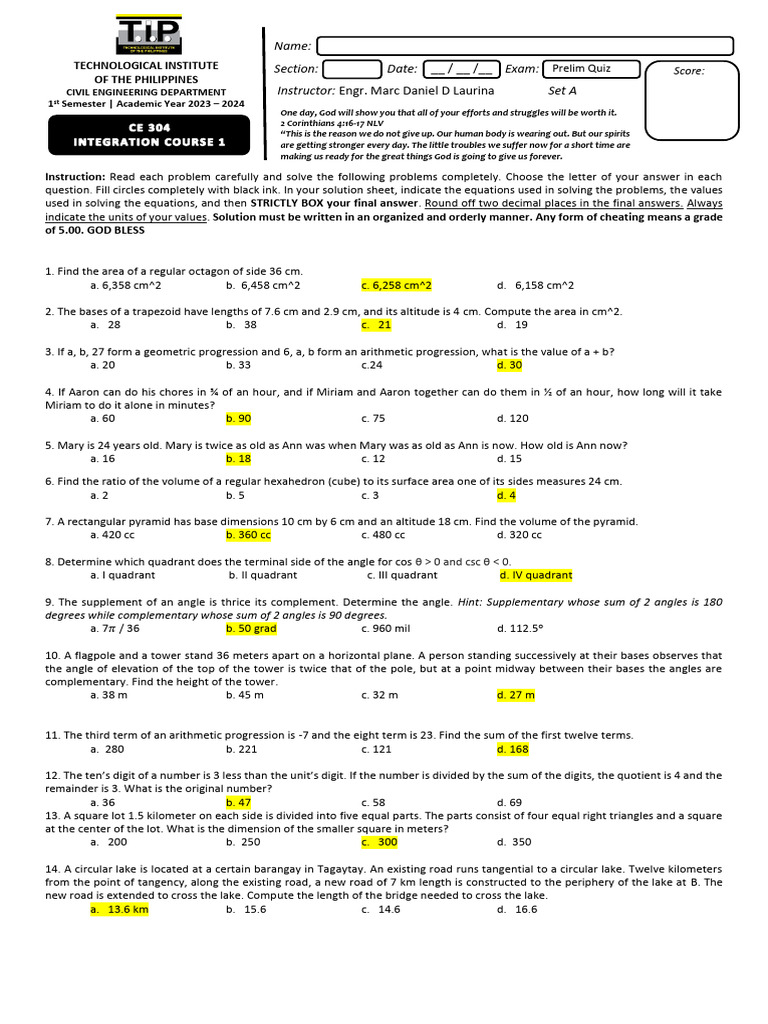 Ce304 integ 1 set a answer key pdf mathematics geometry