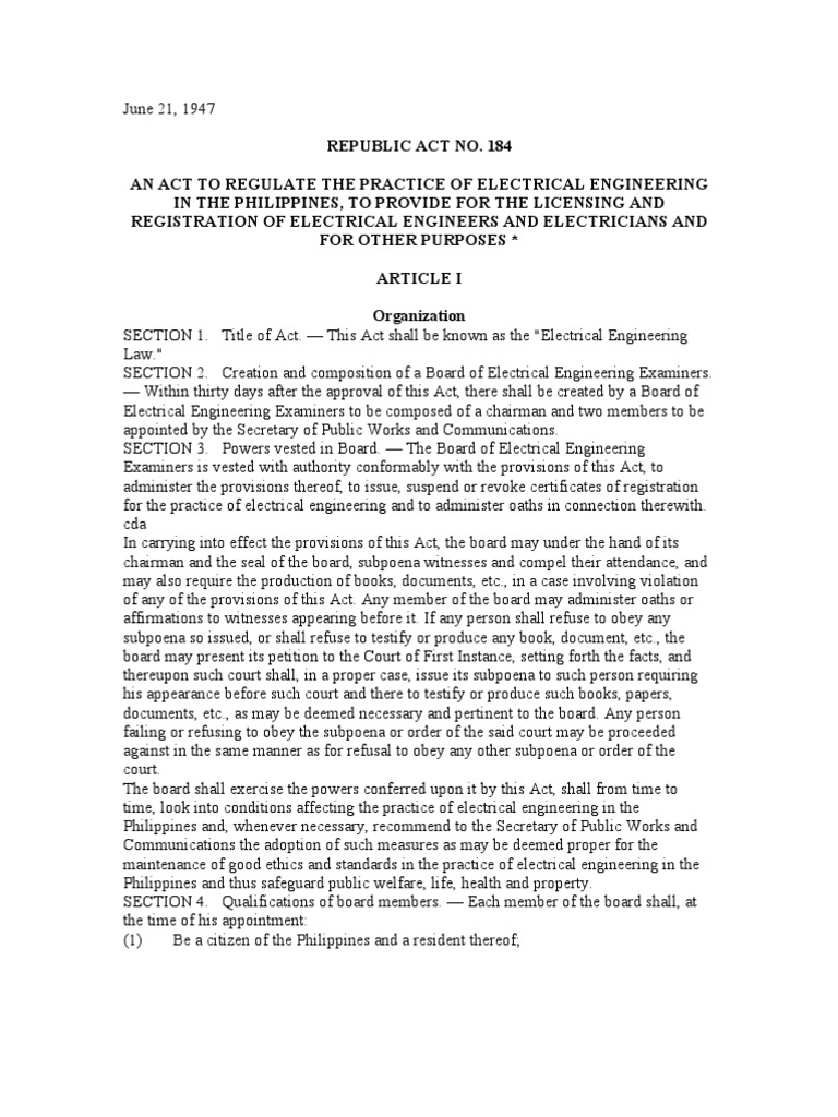 RA 184 (Electrical Engineering Law) PDF Electrician Engineer