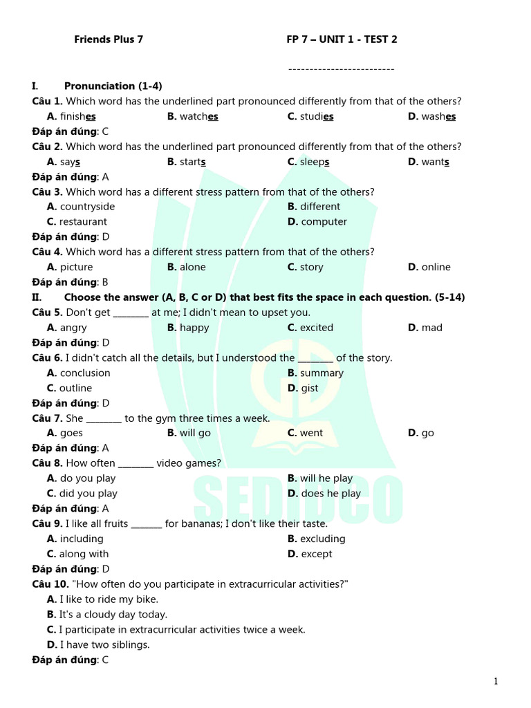 Ôn tập giữa học kì I Unit 1 Test 2 (key) PDF