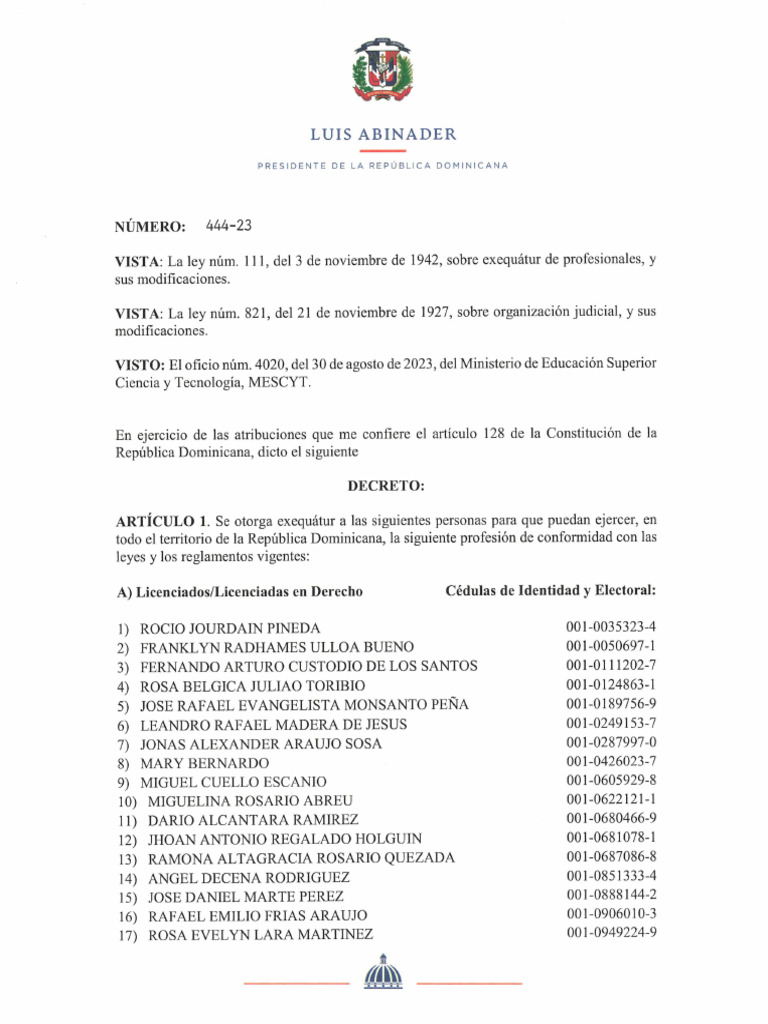 Exequátur Ley 444-23 en RD | PDF | República Dominicana | Jefes de estado