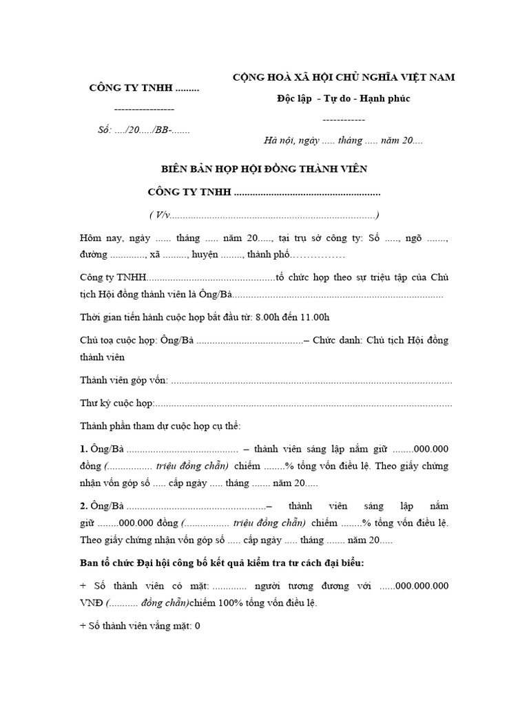 Mẫu Biên bản họp hội đồng thành viên | PDF