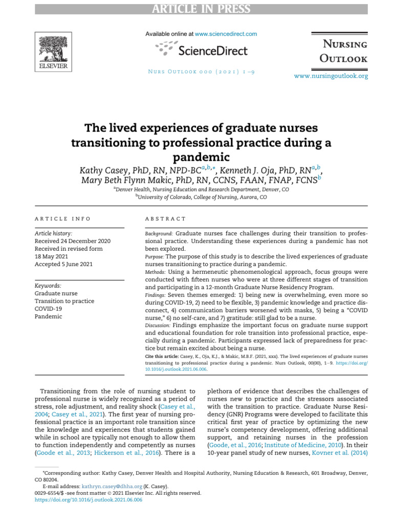 The Lived Experiences of Graduate Nurses Transitioning To Professional ...