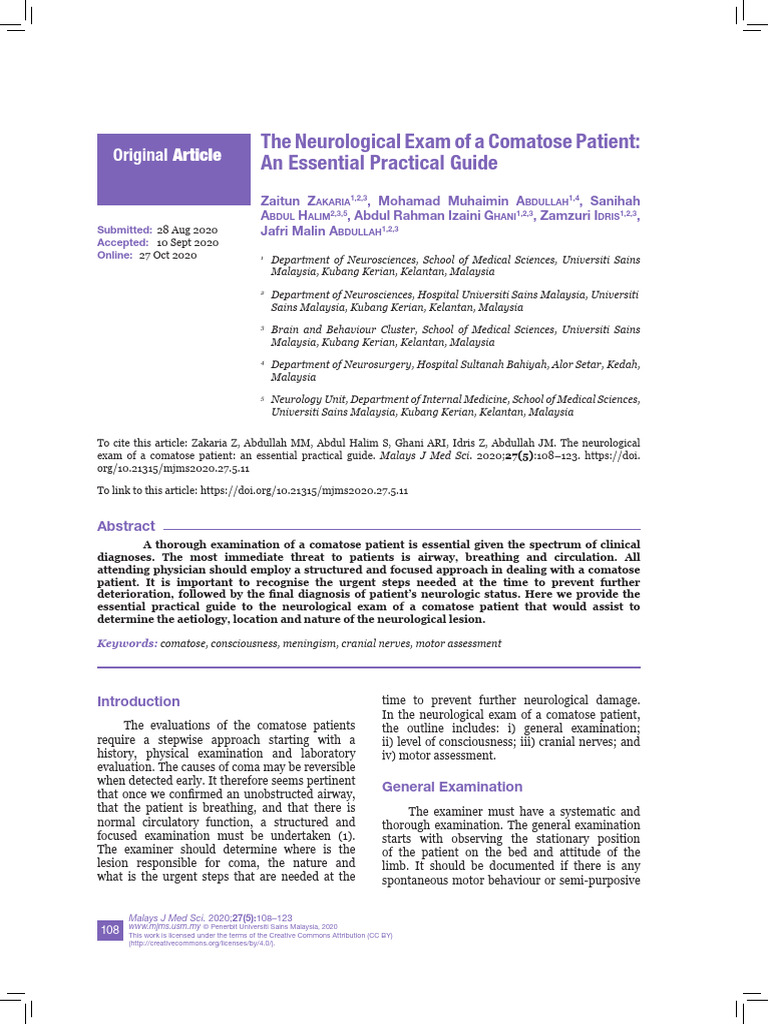 Neurological Exam Guide for Comatose Patients | PDF | Anatomical Terms ...