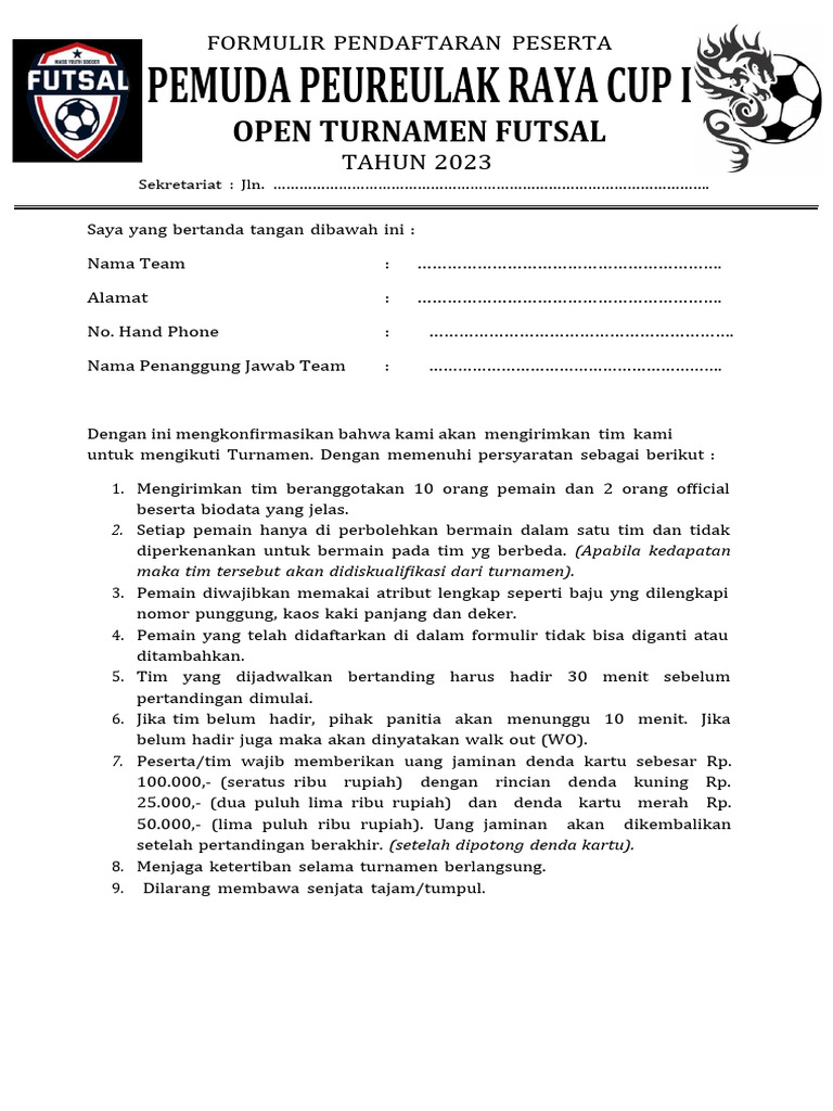 Formulir Pendaftaran Open Turnamen Futsal PDF