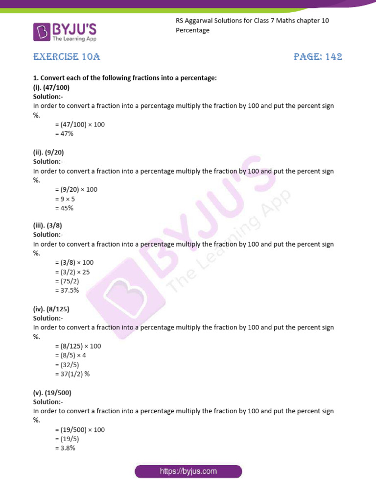 Rs aggarwal solutions for class 7 maths chapter 10 percentage exersice