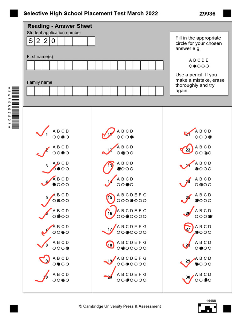 0322 Shspt Reading Answer Sheet | PDF