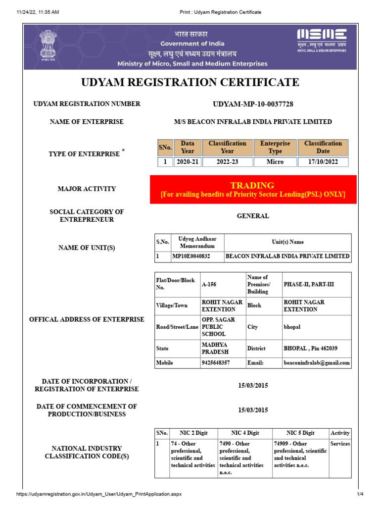 Beacon _ Udyam Registration Certificate PDF Small And Medium Sized
