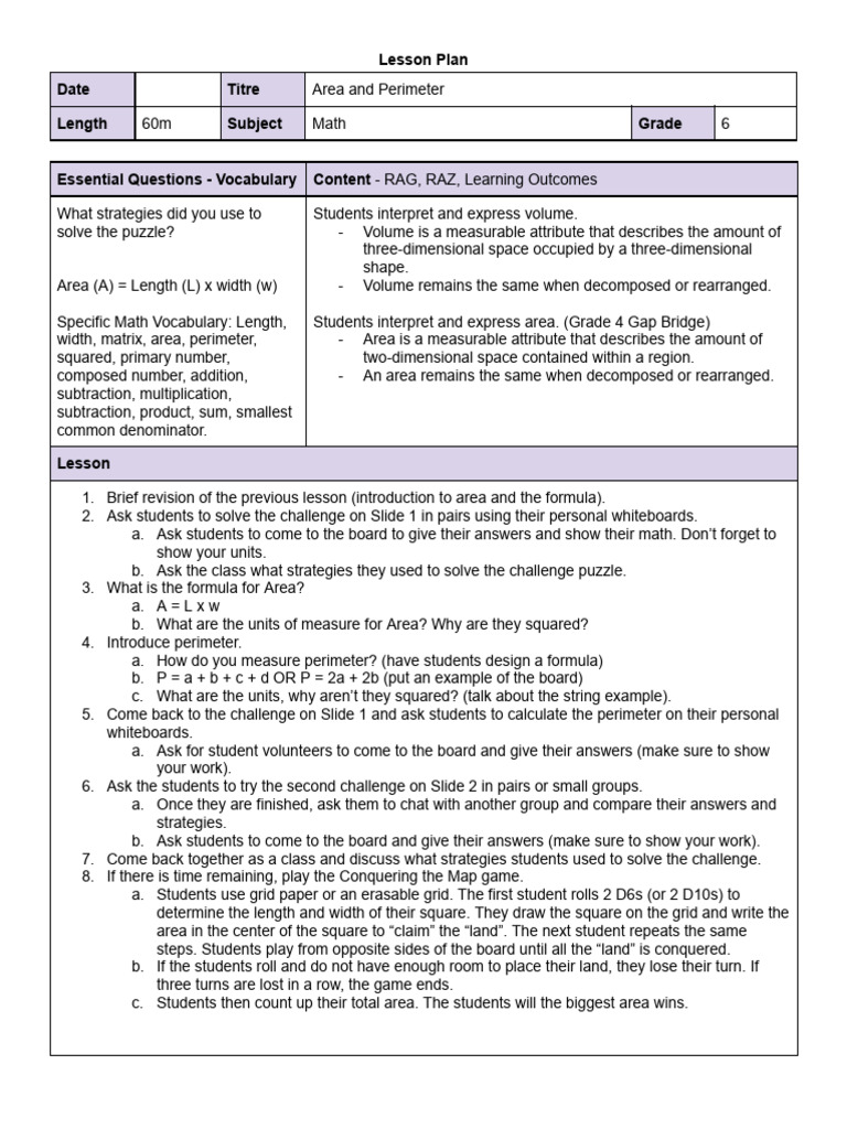 Sample Math PDL Area and Perimeter English | PDF | Area | Volume