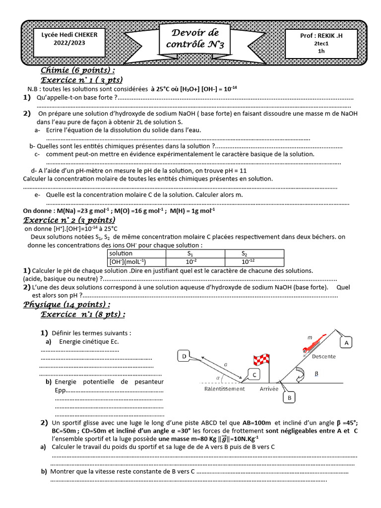Exercice de chimie et physique au lycée | PDF | Ph | Hydroxyde de sodium
