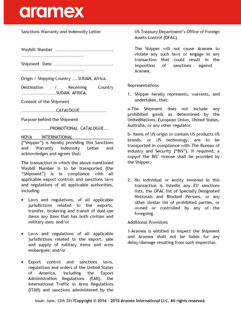 Sanctions Warranty and Indemnity Letter New Letter 23-12 | PDF