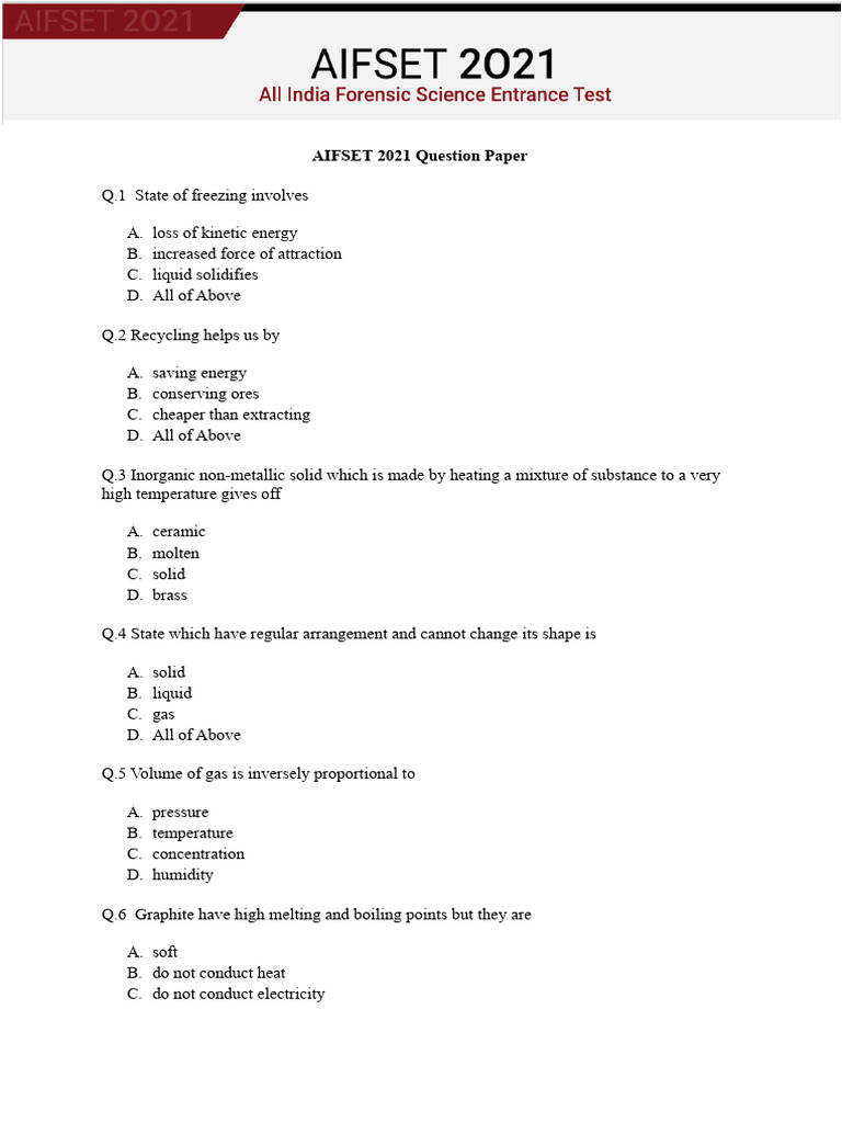 AIFSET 2021 Exam Paper | PDF | Endocrine System | Solubility