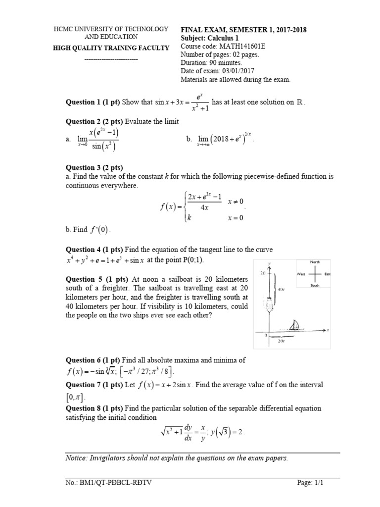 Calculus 1 Final Exam 2017-2018 | PDF | Derivative | Differential Equations
