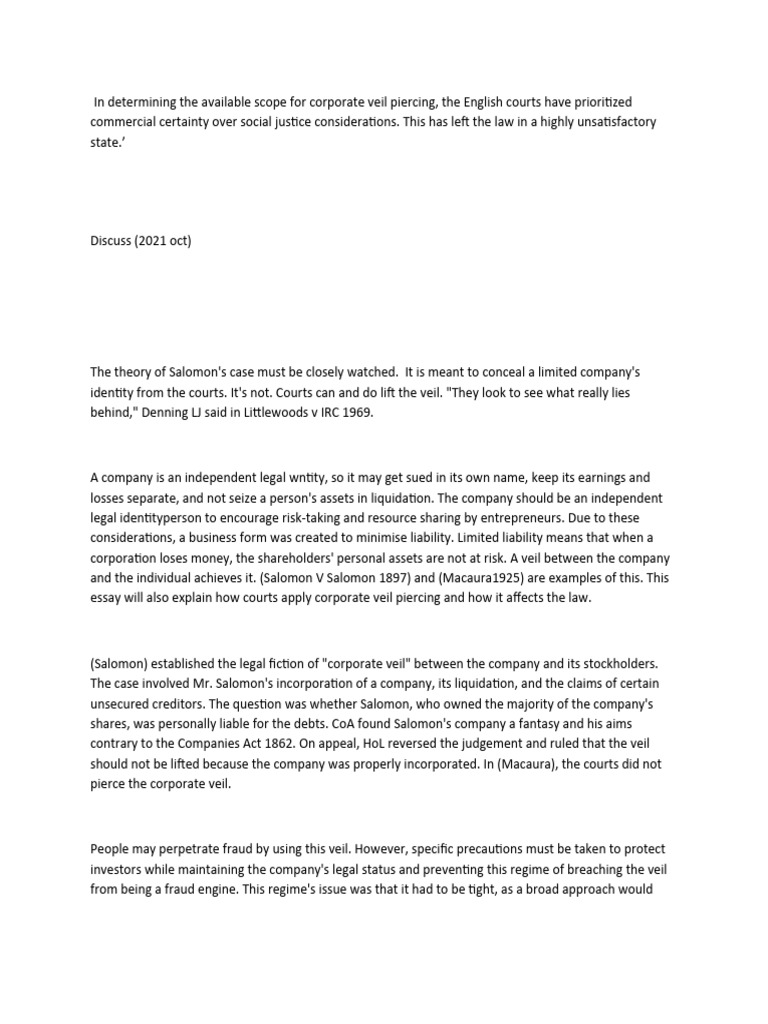 Commercial V Social Veil Lifting PDF Piercing The Corporate Veil