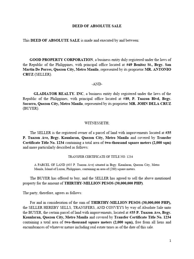 Deed of Absolute Sale Good Property Corporation Gladiator Realty