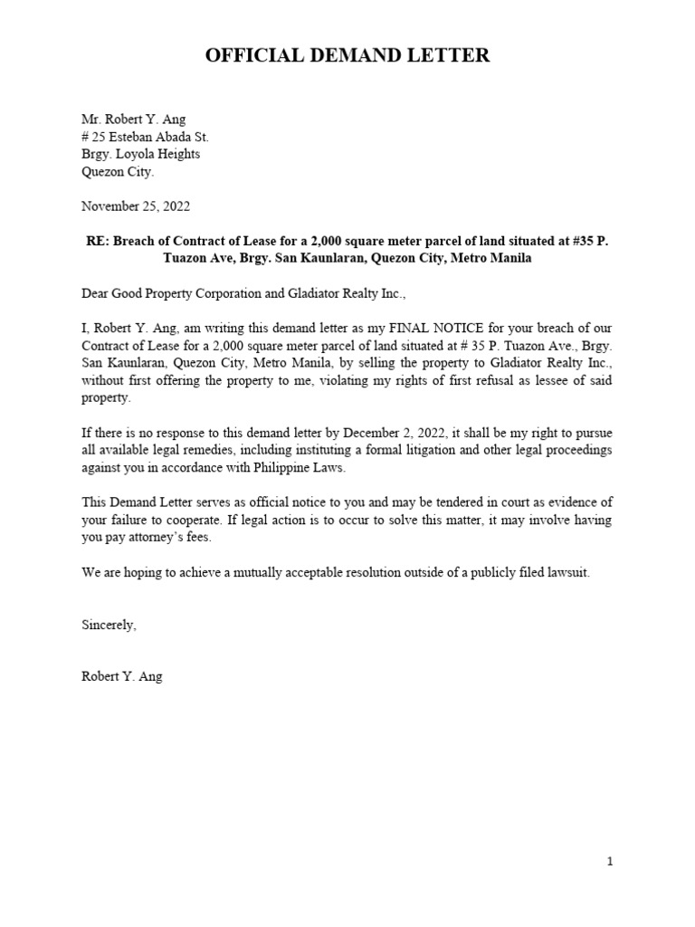 Demand Letter MR Robert Ang Good Property Corporation Gladiator