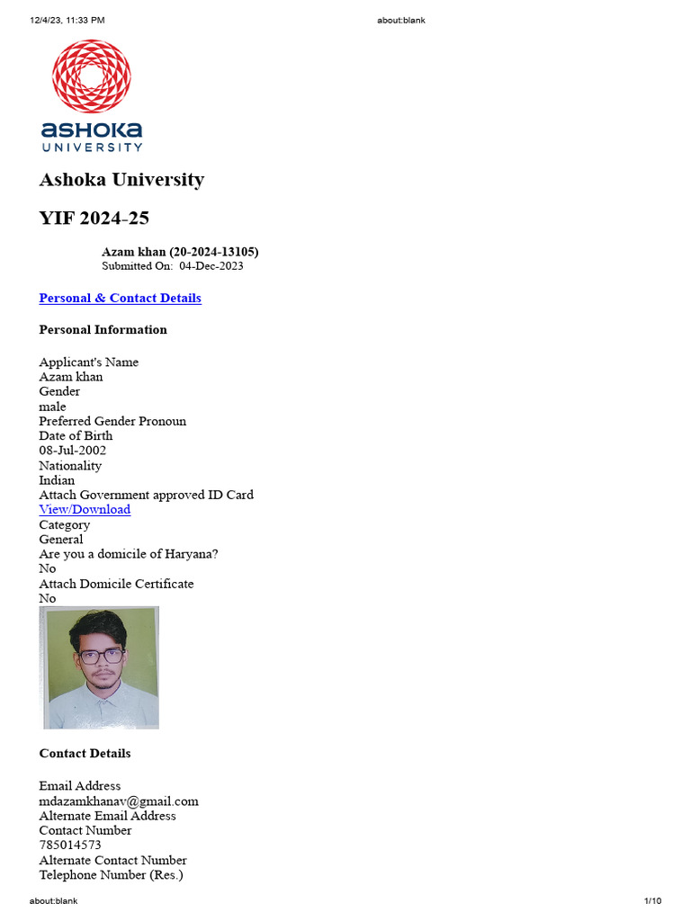 Ashoka Uni. YIF Azam PDF Bachelor Of Science Bachelor's Degree