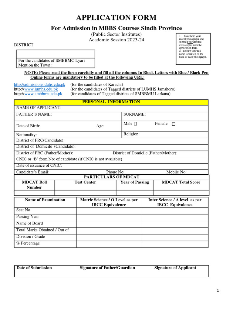 Application Form For MBBS 2023-24 | PDF