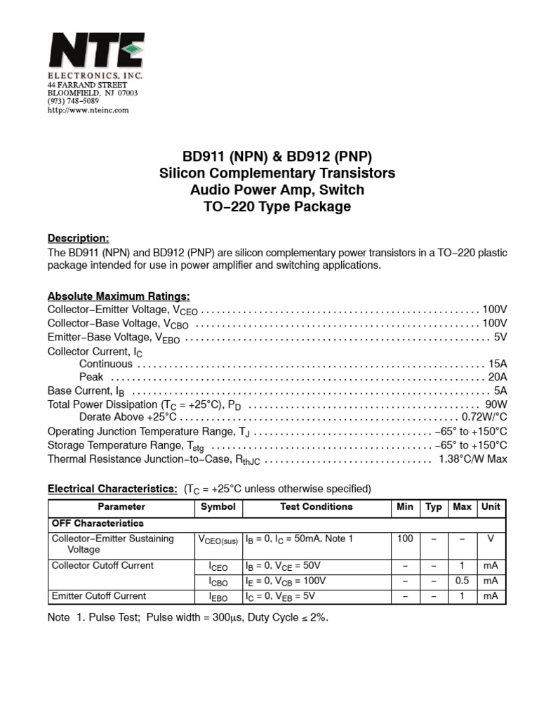 BD911/BD912 Transistor Specifications | PDF | Bipolar Junction ...