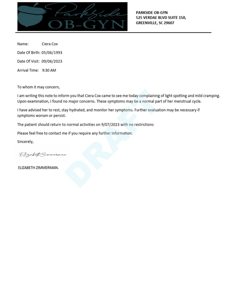 PARKSIDE OBGYN Doctor Note PDF