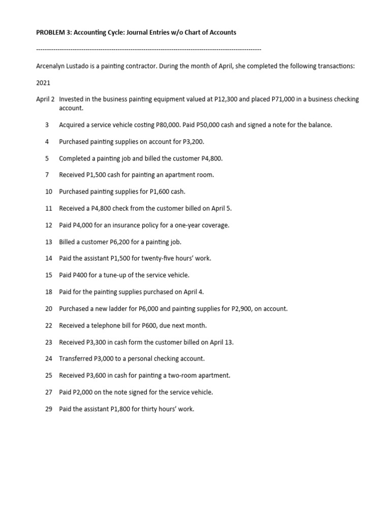 PROBLEM 3 Accounting Cycle Journal Entries Without Chart of Accounts ...