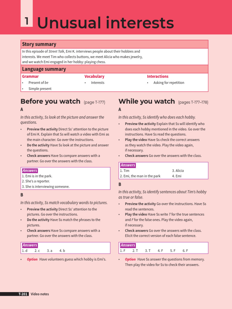 Four Corners Level 2 Unit 1 Unusual Interests Video Notes | PDF ...