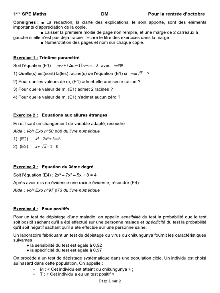DM de Maths 1ère Spé : Exercices et Probabilités | PDF | Sensibilité et ...
