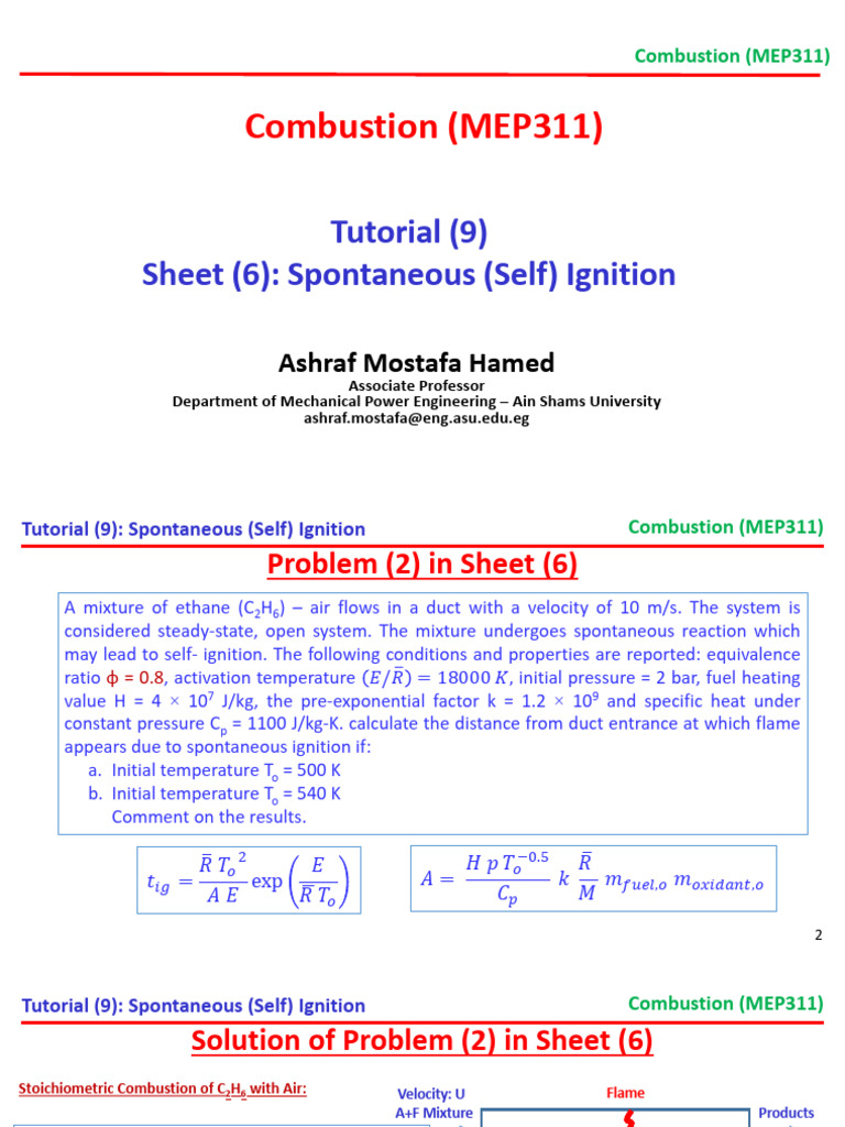 Tutorial9MEP311Sheet6Spontaneous Ignition PDF Combustion