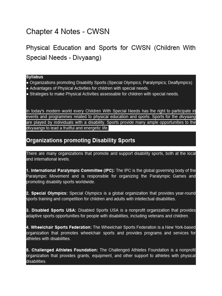 Chapter 4 Notes - CWSN | PDF | Paralympic Games | Disability