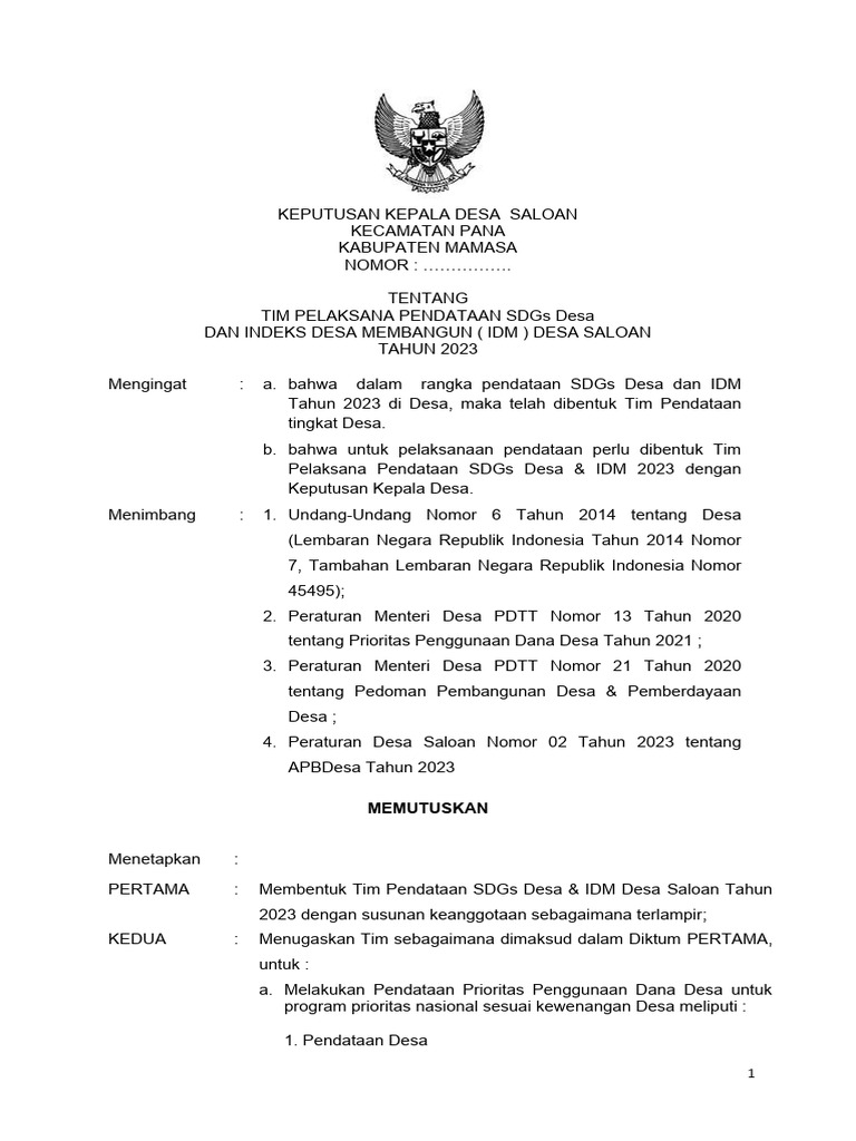 Sk Kepala Desa Tentang Tim Pelaksana Pendataan Sdgs Desa Dan Indeks