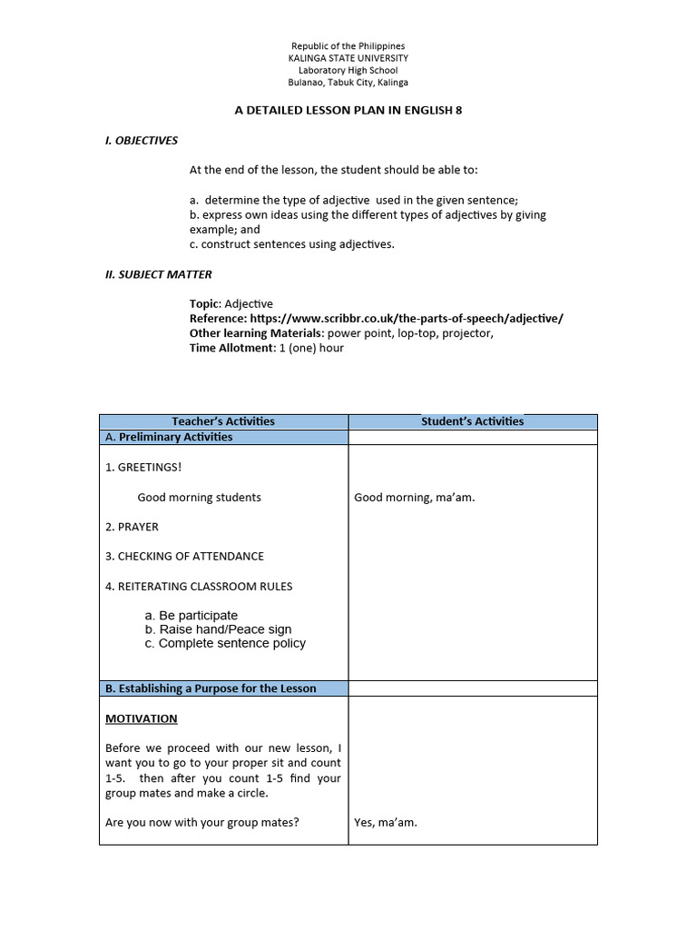 Adjective Lesson Plan for Grade 8 | PDF | Adjective | Noun