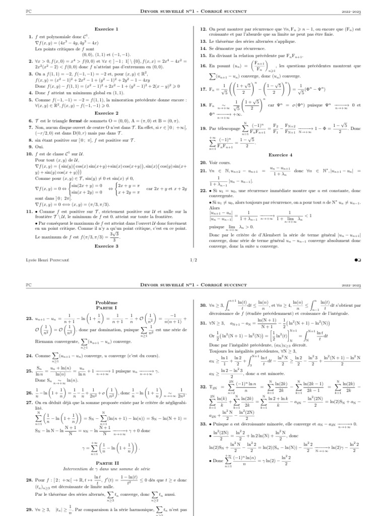 Corrigé DS n°1 Maths L1 2022-2023 | PDF | Relations mathématiques | Calcul