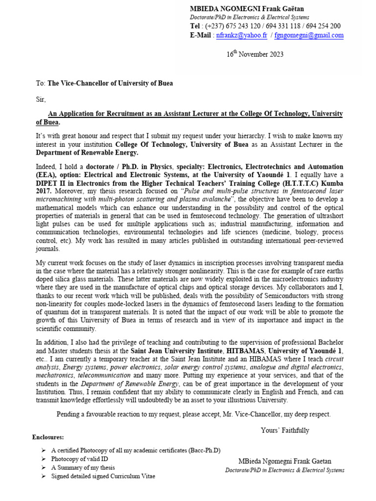 Application to COTBuea PDF Laser Electrical Engineering